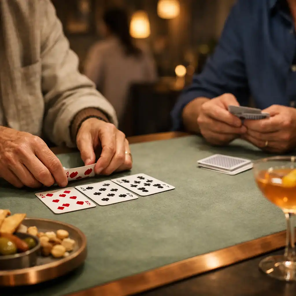 Detail rukou a karet při společenském pokerovém večeru