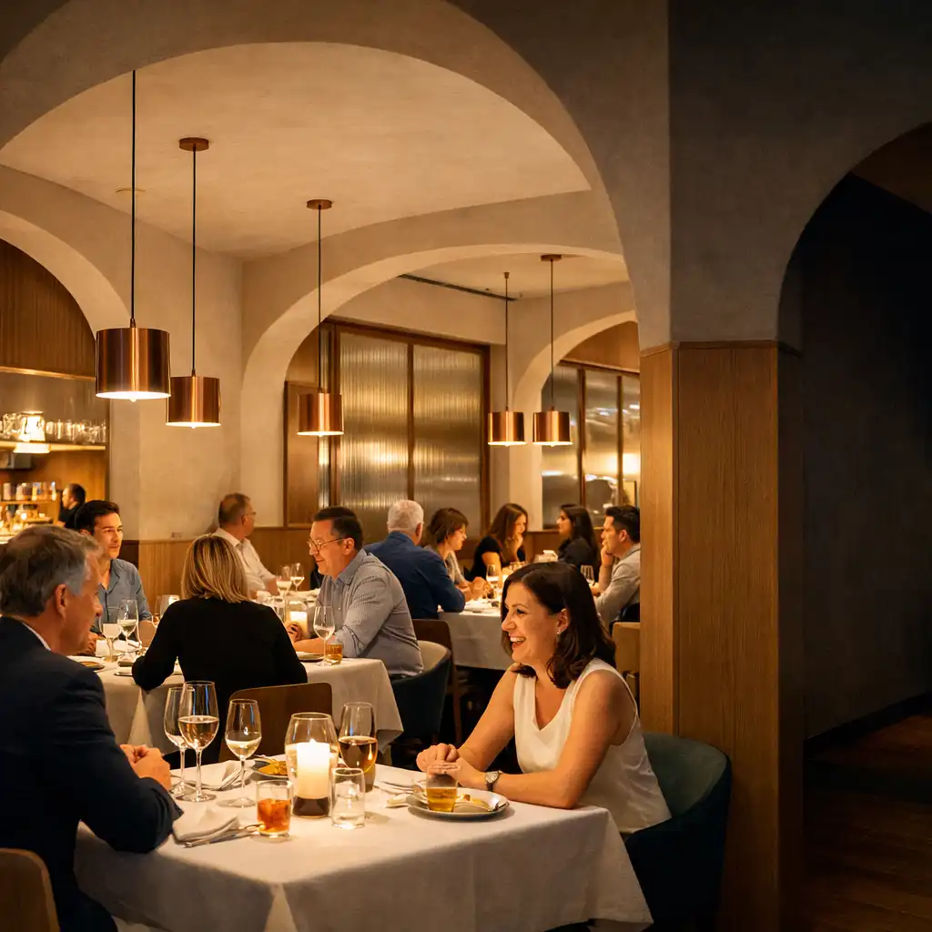 Večerní atmosféra restaurace s hosty pod závěsnými světly
