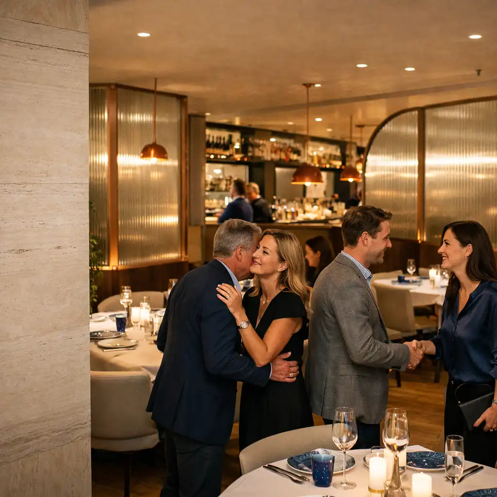Hosté přicházejí do světlého interiéru restaurace Dvurpratel