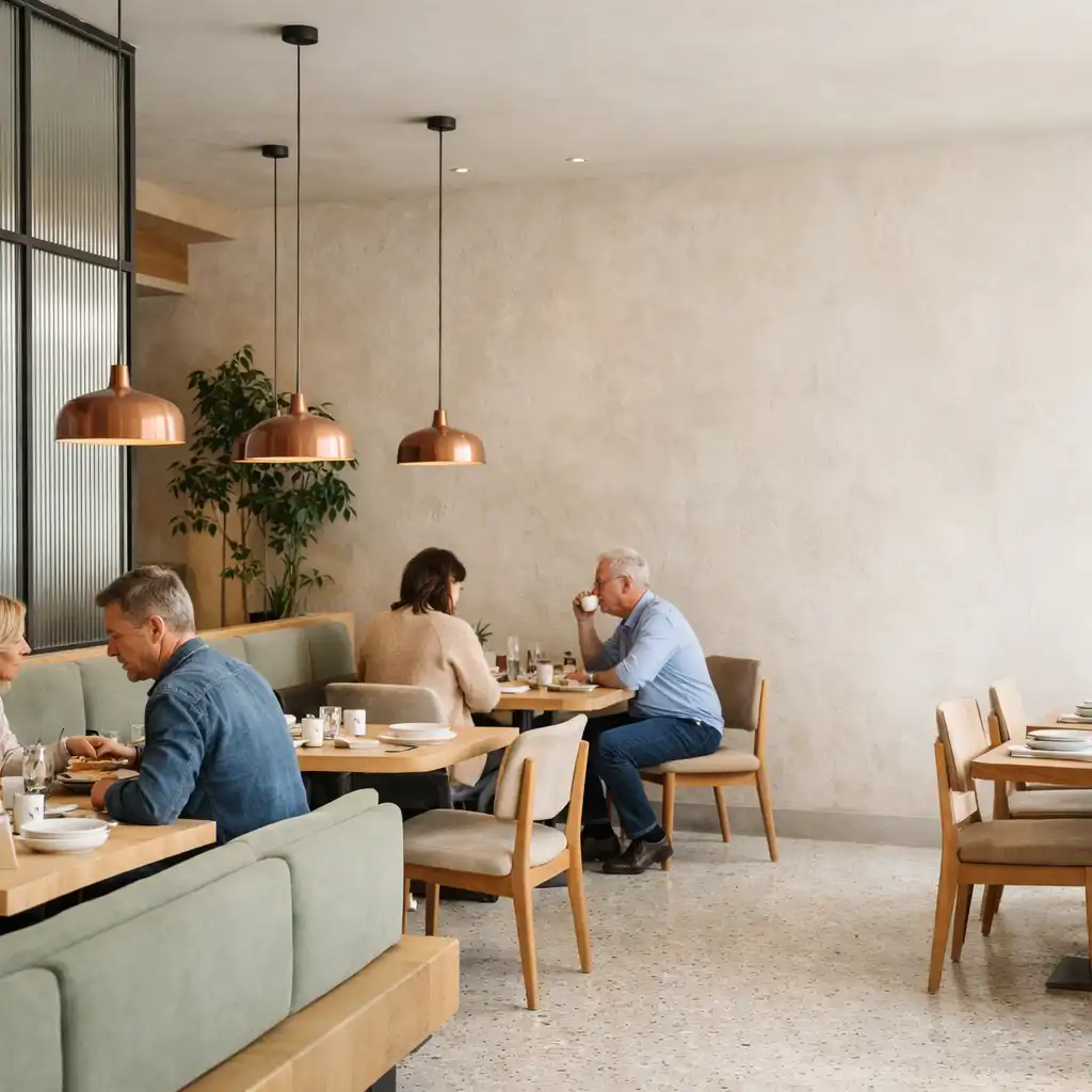Světlý interiér restaurace Dvurpratel s hosty u stolů
