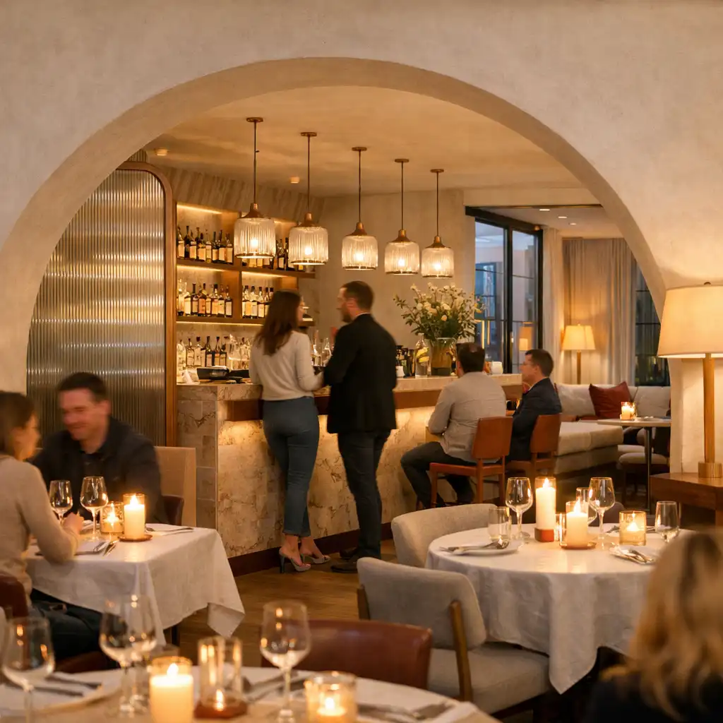 Večerní lounge restaurace s barem a hosty